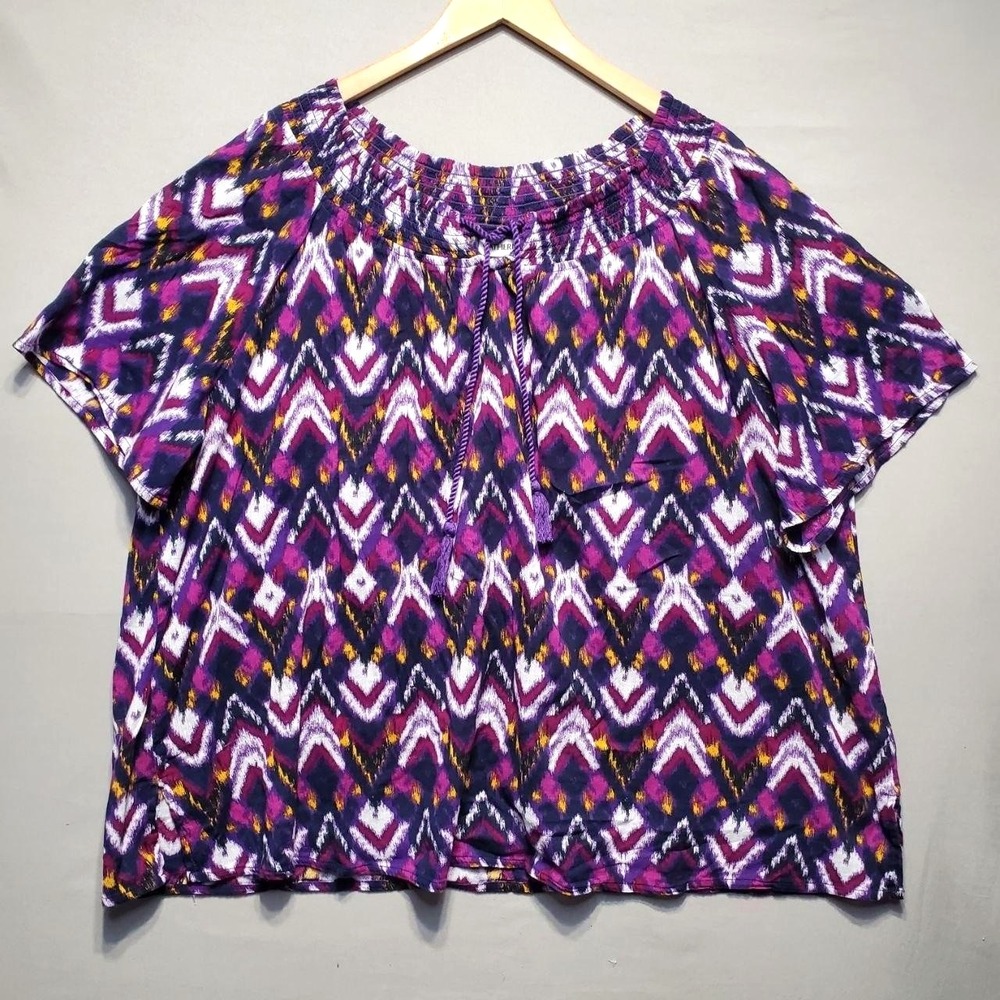 Catherines Tunic Top‎ Womens 2X Purple Geometric Tassel Neck Boho 100% Cotton